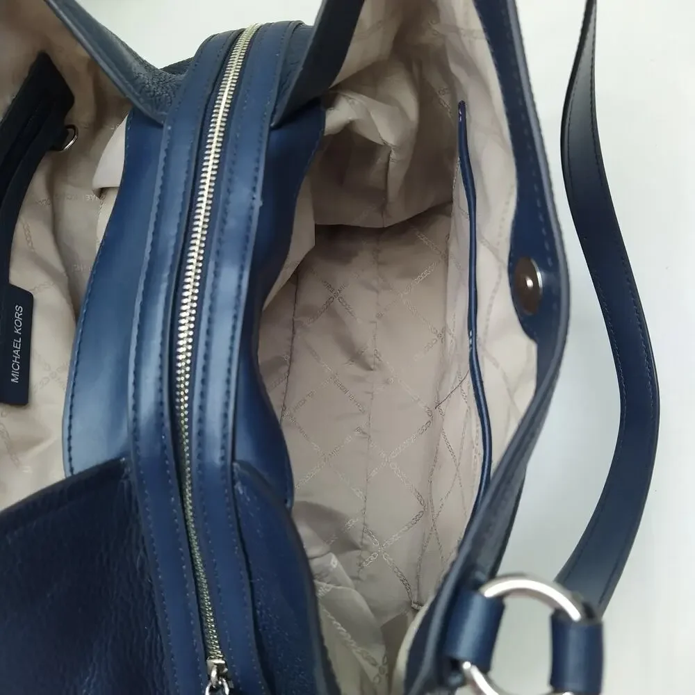 Michael Kors Molly Blue Pebbled Leather 3 Compartments Shoulder Bag